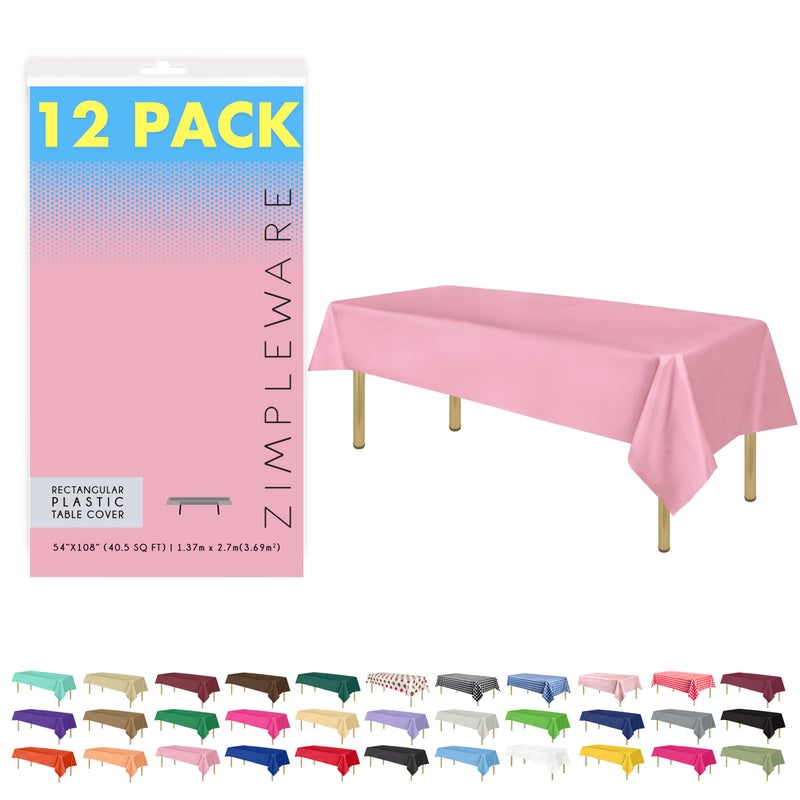 ZIMPLEWARE Premium Pink Plastic Table Cloth Disposable (12 Pk) Plastic Tablecloths for Rectangle Tables (54in x 108in) Party Table Cloths Disposable for 6ft to 8ft Rectangle Tables - Image 1